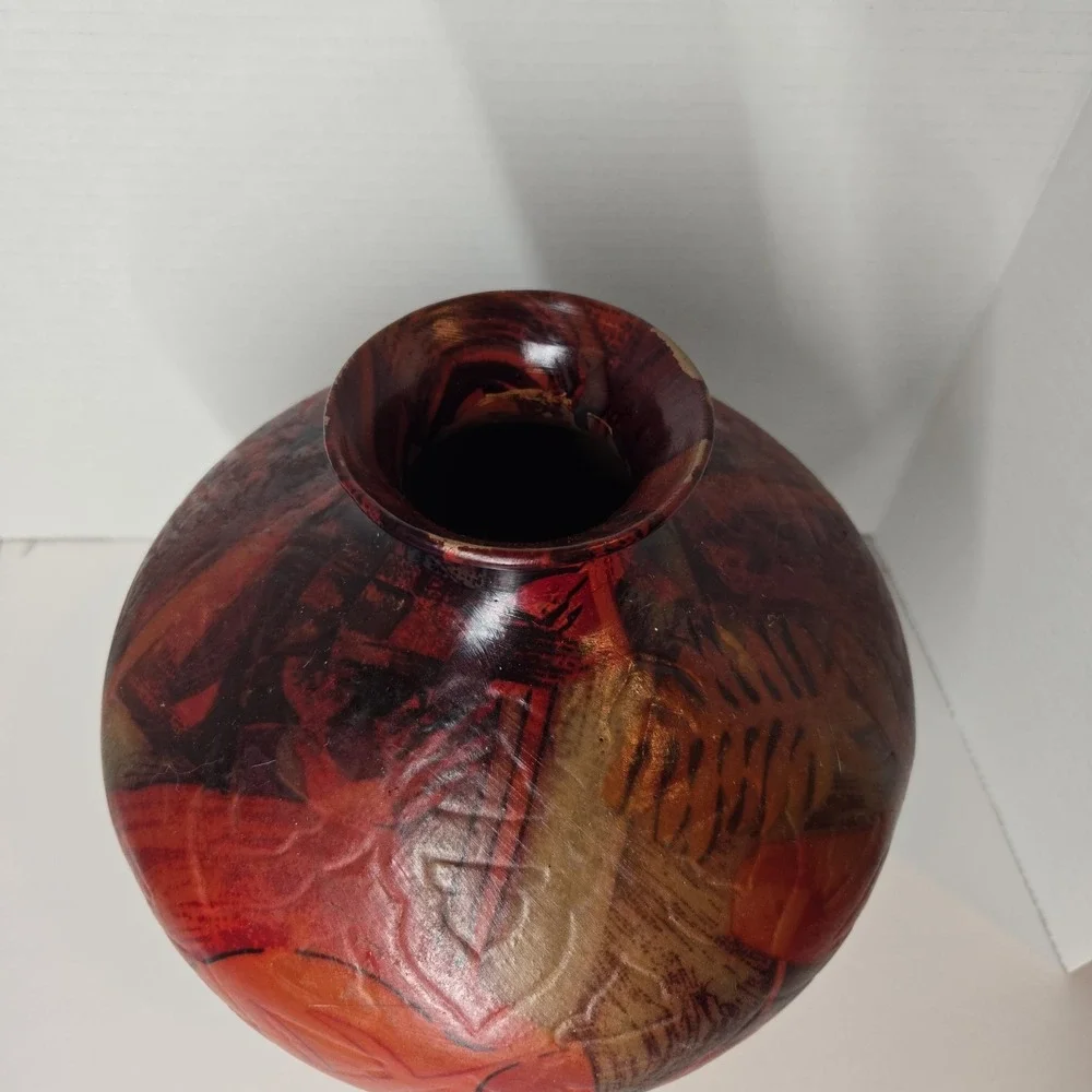 Vtg MCM Unique Art Deco Ceramic Large Balloon Vase‎ Red Brown Floral Pattern